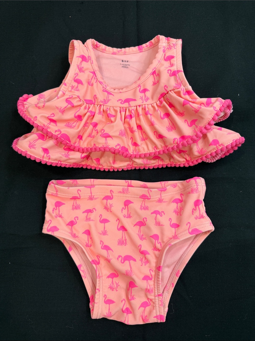 BABY GAP HOT PINK FLAMINGOS POM POM RUFFLE 2PC BIKINI SIZE 6-12 MONTHS